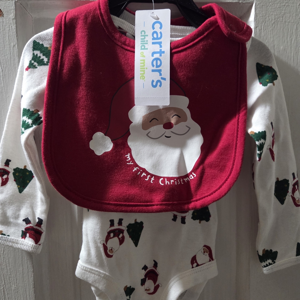 NWT Carter's Red and White Baby Bib First Christmas And Newborn Matching Onesie